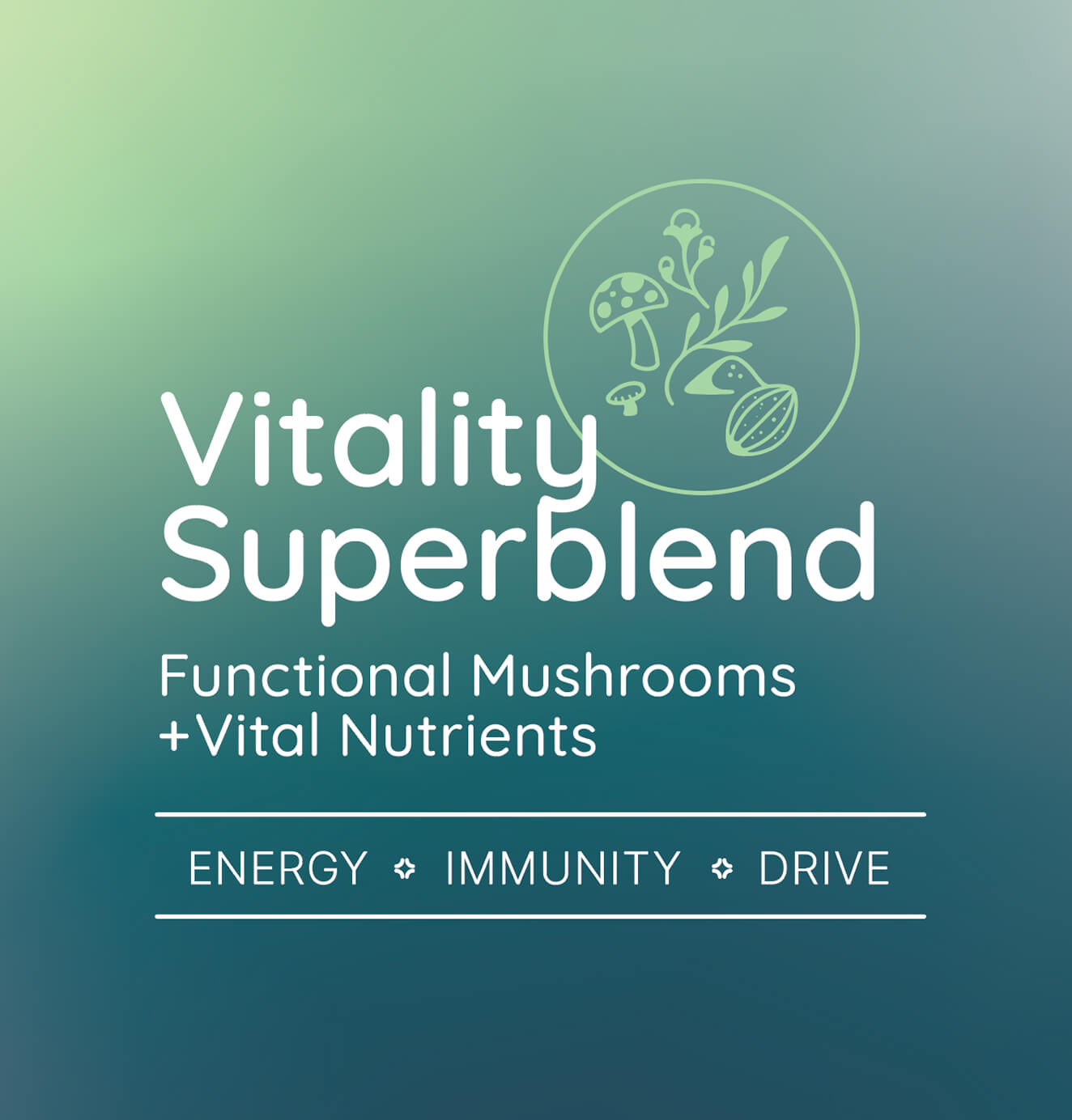 Graphic design featuring the text “Vitality Superblend — Functional Mushrooms + Vital Nutrients” with icons of mushrooms and plants on a green gradient background.