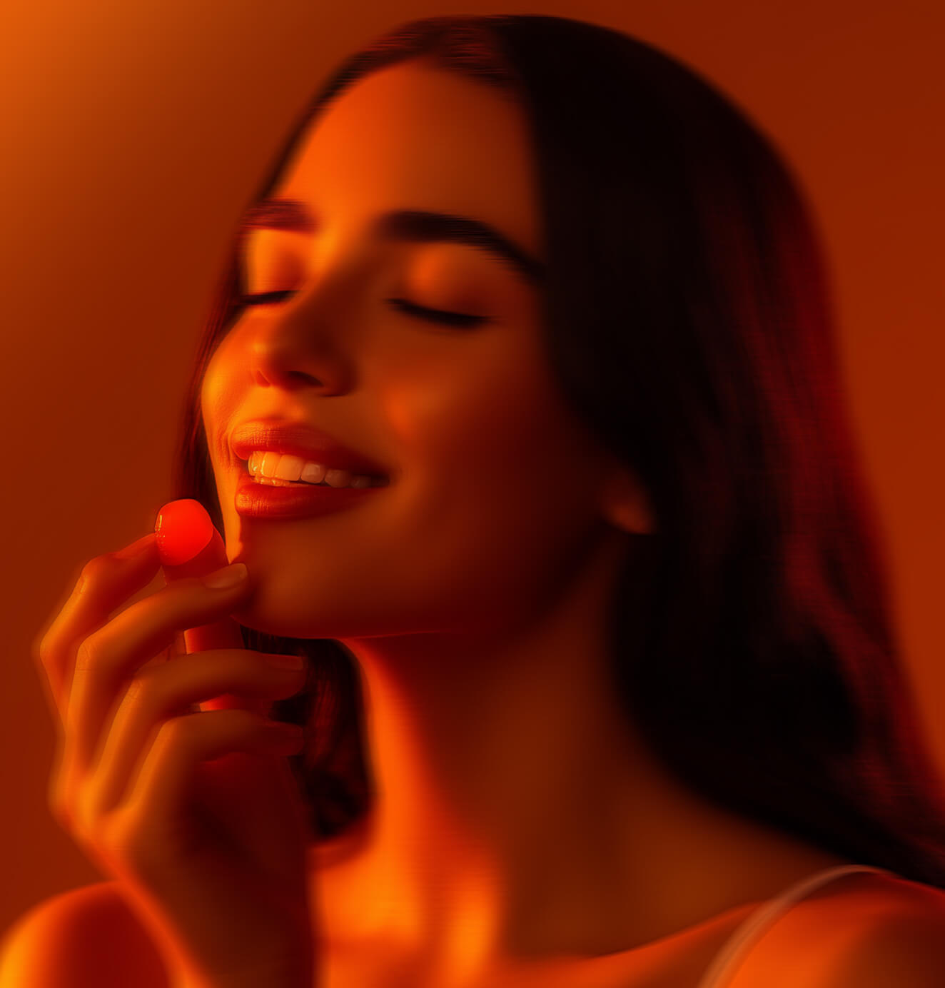 A woman smiling with eyes closed, softly lit in warm orange light, holding a red gummy supplement near her lips.