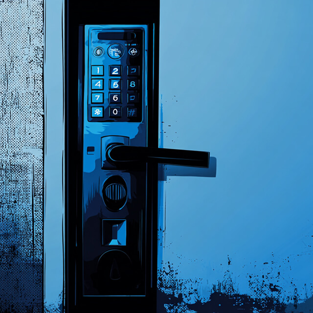 Close-up of a digital keypad lock on a blue door, representing cybersecurity or restricted access.