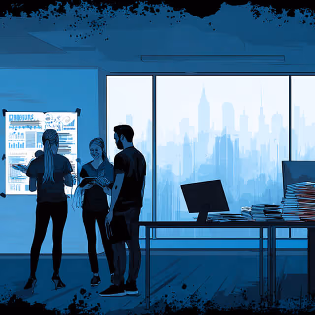 Group of professionals in a modern office discussing analytics in front of large windows overlooking a city skyline.