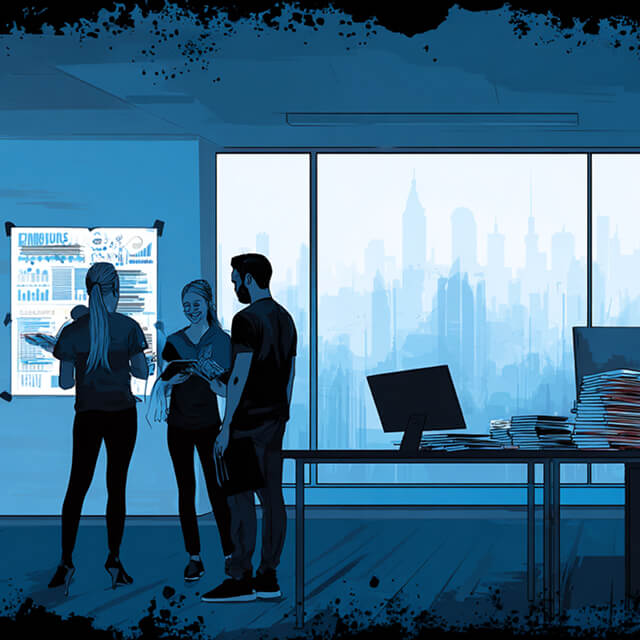 Group of professionals in a modern office discussing analytics in front of large windows overlooking a city skyline.