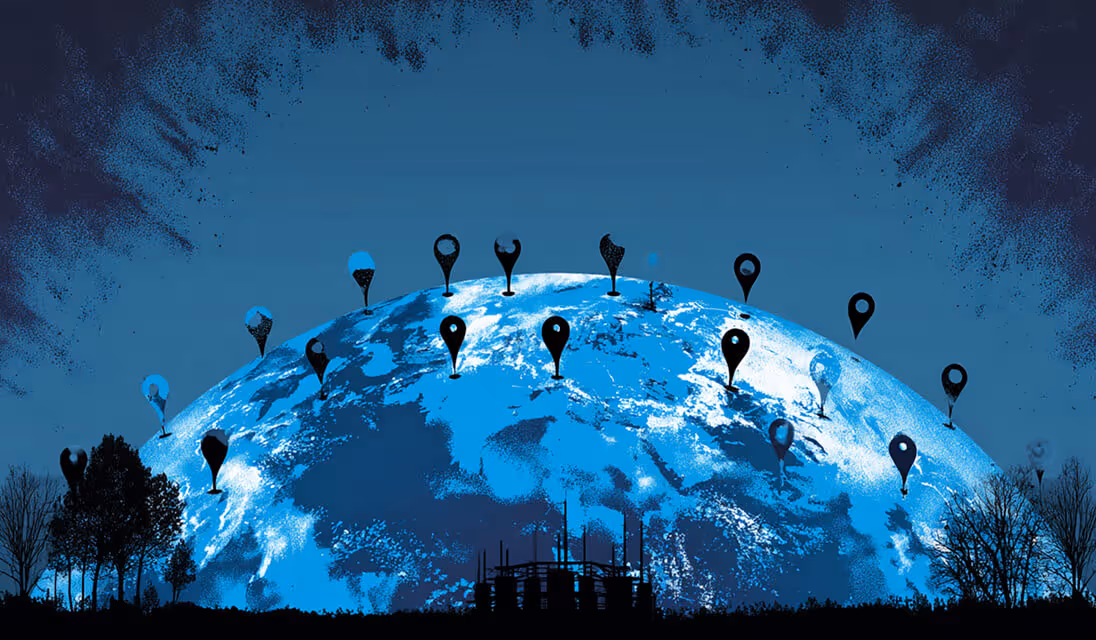 Illustration of Earth with multiple location pins across its surface, symbolizing global connectivity and international reach.
