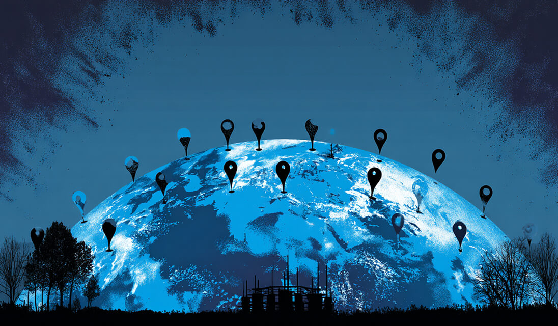 Illustration of Earth with multiple location pins across its surface, symbolizing global connectivity and international reach.