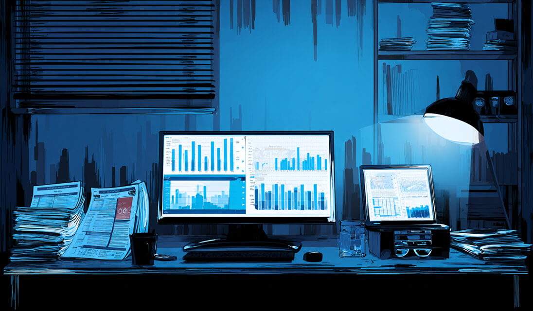 Modern workspace with multiple monitors showing analytics dashboards under a desk lamp, representing data management and analysis.