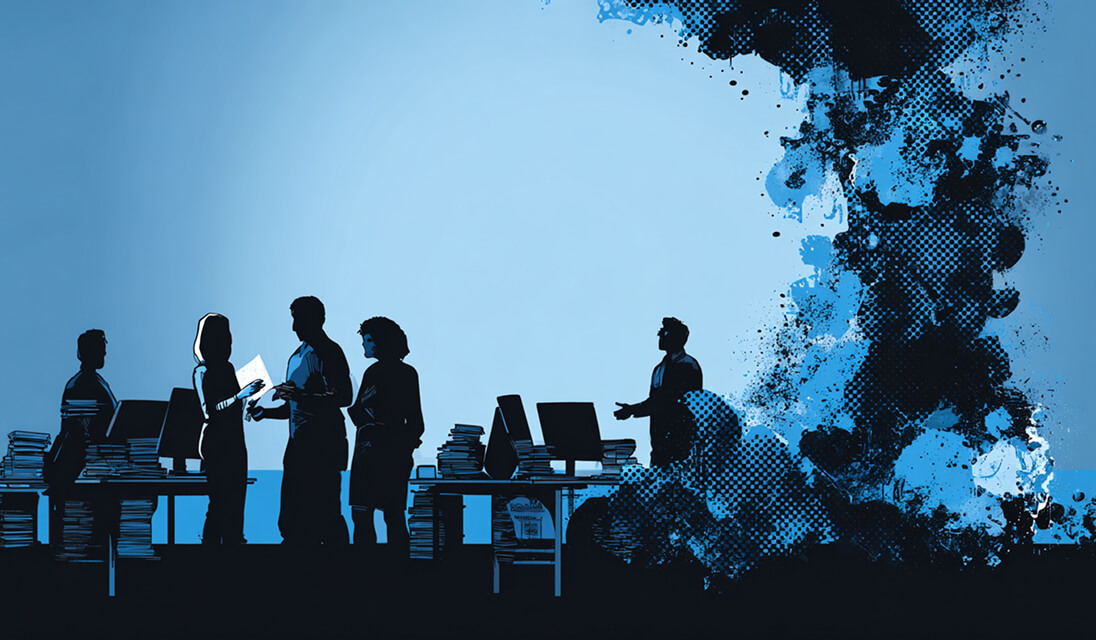 Silhouetted group of people collaborating around desks filled with paperwork, representing teamwork and strategic planning.