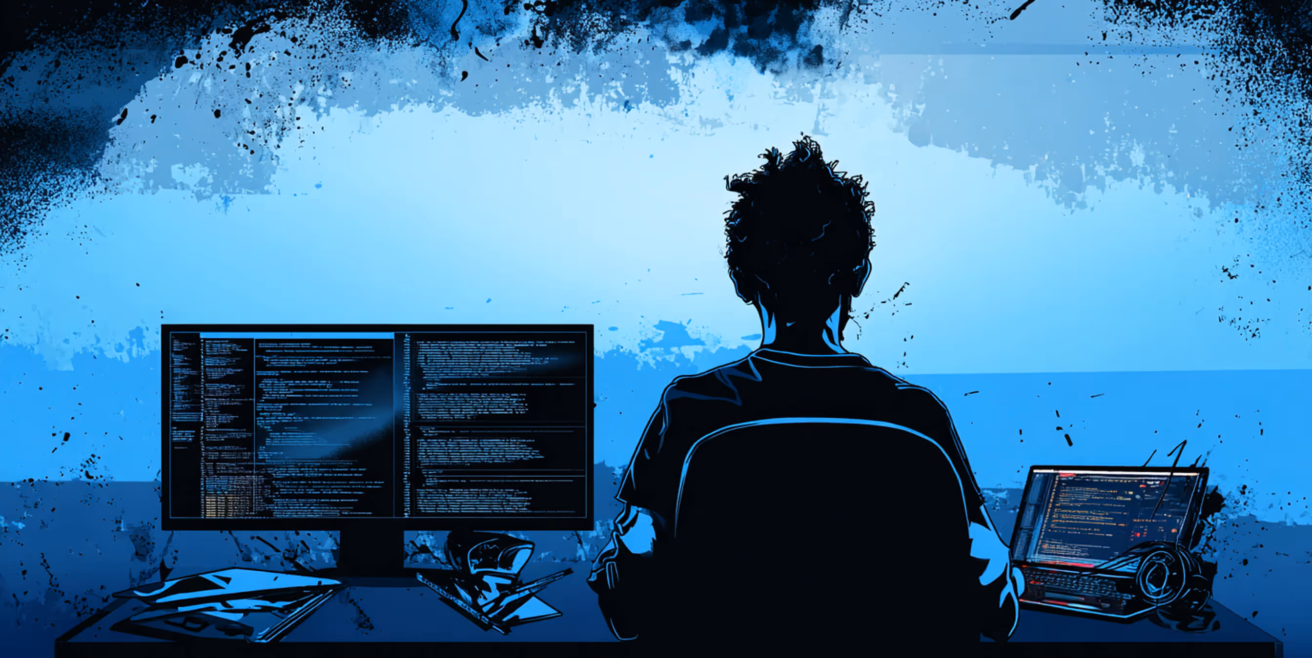 Person sitting in front of two computer screens displaying lines of code, symbolizing software development or coding.