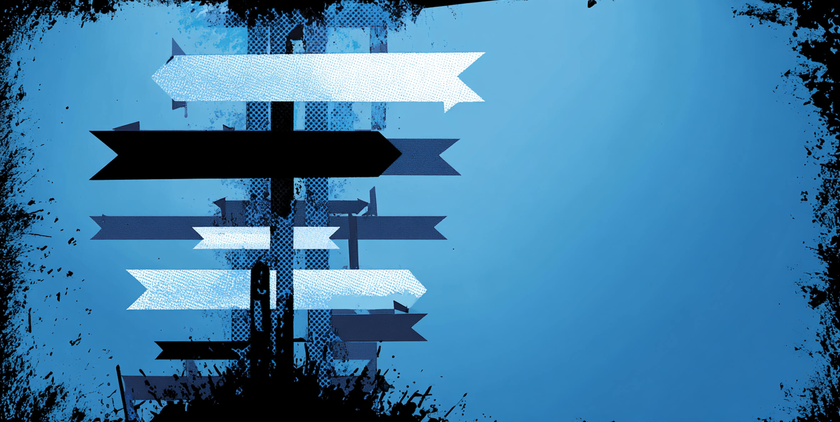 Abstract image of directional signposts pointing in multiple directions, symbolizing decision-making or navigating digital choices.