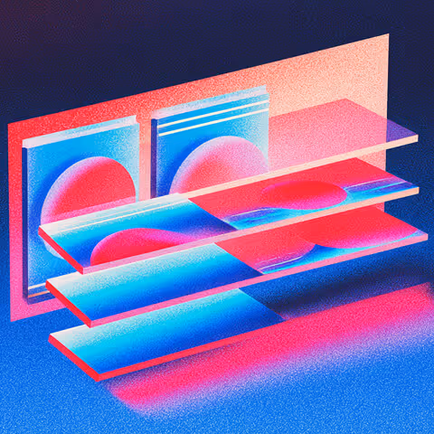 Layered abstract panels with gradients of red, pink, and blue forming repeating geometric shapes, symbolizing web design layout or modular structure.