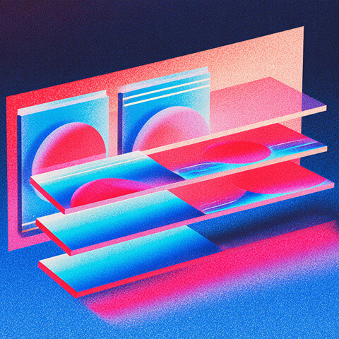 Layered abstract panels with gradients of red, pink, and blue forming repeating geometric shapes, symbolizing web design layout or modular structure.