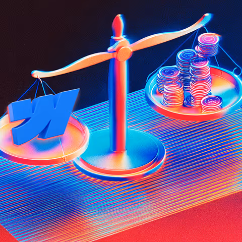 3D rendering of a golden balance scale weighing the Webflow “W” logo against stacked coins, symbolizing value versus cost comparison.
