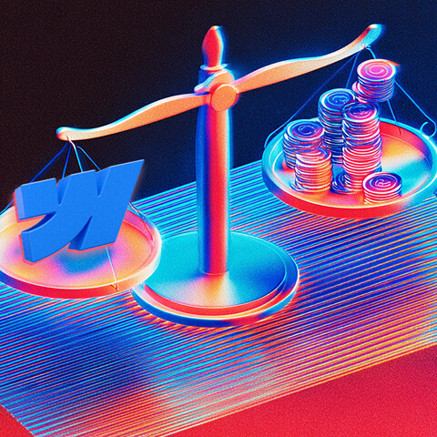 3D rendering of a golden balance scale weighing the Webflow “W” logo against stacked coins, symbolizing value versus cost comparison.