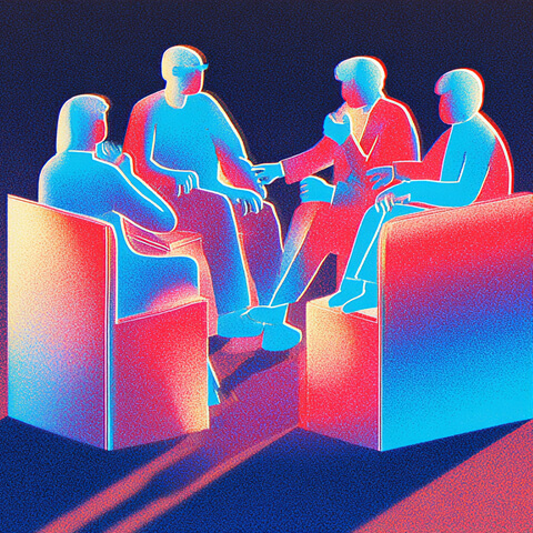Stylized illustration of four figures sitting in conversation, lit by red and blue tones, representing a client consultation or team discussion.