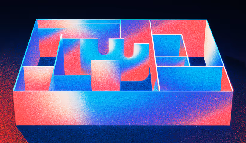 Blue and pink 3D maze-like structure viewed from above, representing complexity or navigation through project options.