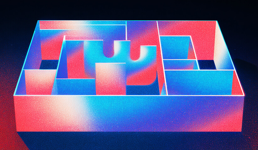 Blue and pink 3D maze-like structure viewed from above, representing complexity or navigation through project options.