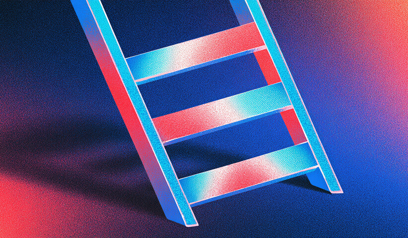 Stylized blue and red ladder leaning against a gradient background, symbolizing progress, scaling, or growth potential.