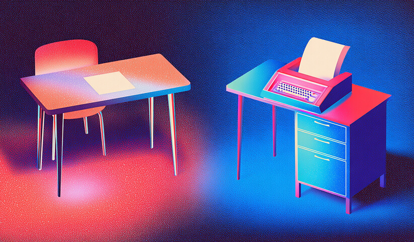 Two contrasting desks, one with a single sheet of paper and the other with a printer, symbolizing traditional versus digital work processes.