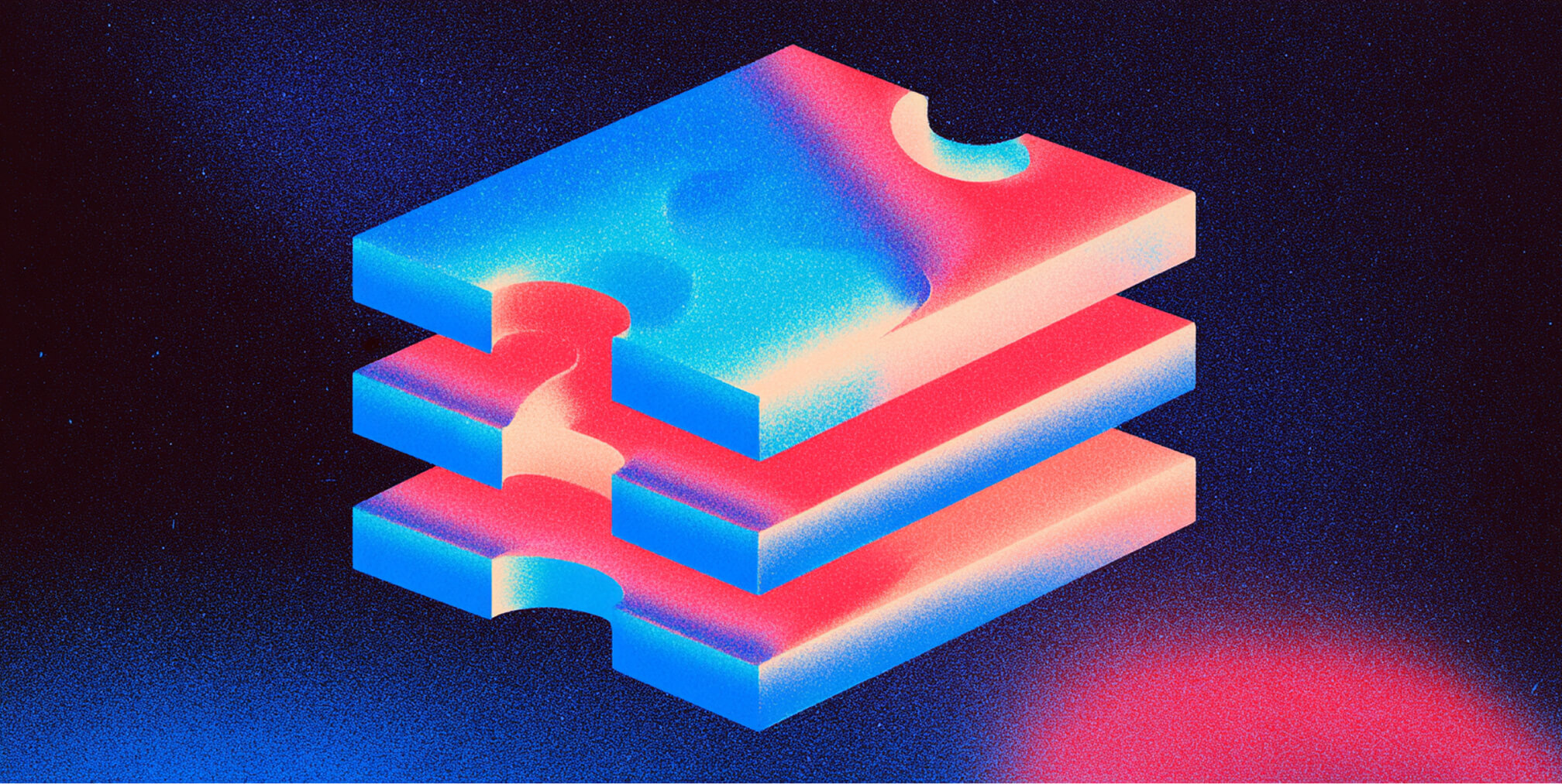 3D illustration of interlocking puzzle pieces stacked in layers, representing integration, structure, or multi-step design workflow.