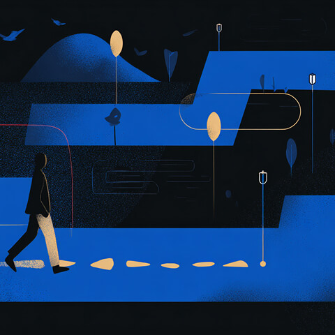 Minimalist illustration of a person walking along a path through abstract blue terrain, symbolizing progress and strategic direction.
