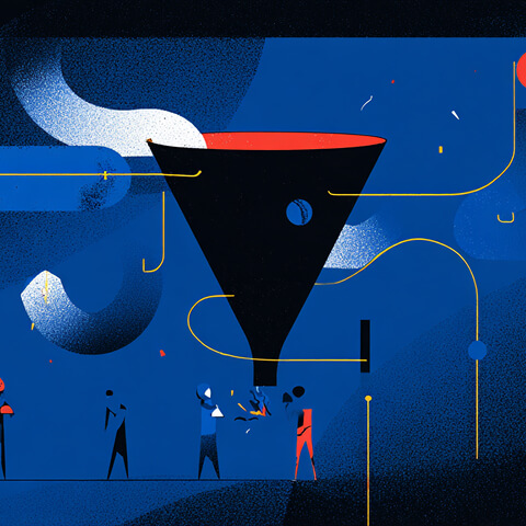 Conceptual illustration of people entering a large funnel, representing the marketing or conversion funnel process.