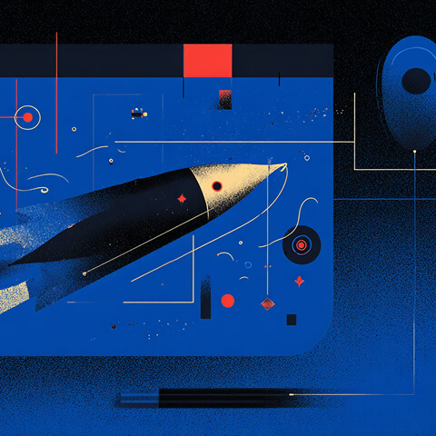 Stylized illustration of a rocket launching from a computer screen, symbolizing growth, innovation, and acceleration in digital performance.