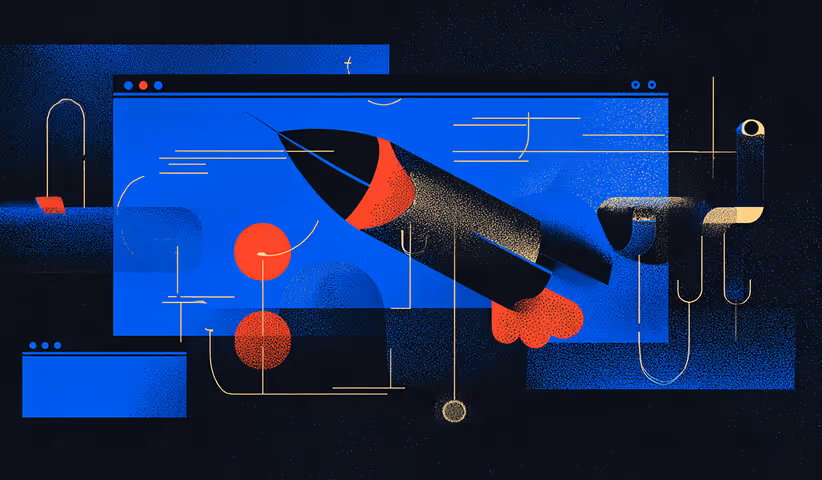 Rocket emerging from a browser window with abstract lines and dots, symbolizing website performance and launch success.
