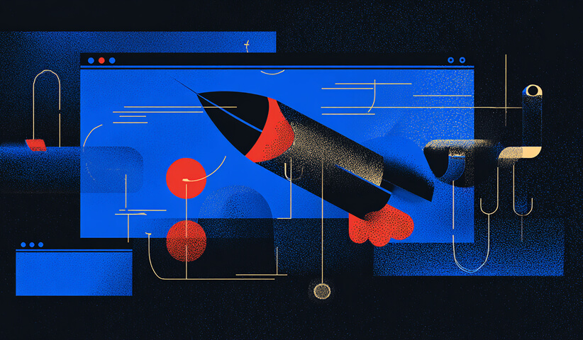 Rocket emerging from a browser window with abstract lines and dots, symbolizing website performance and launch success.