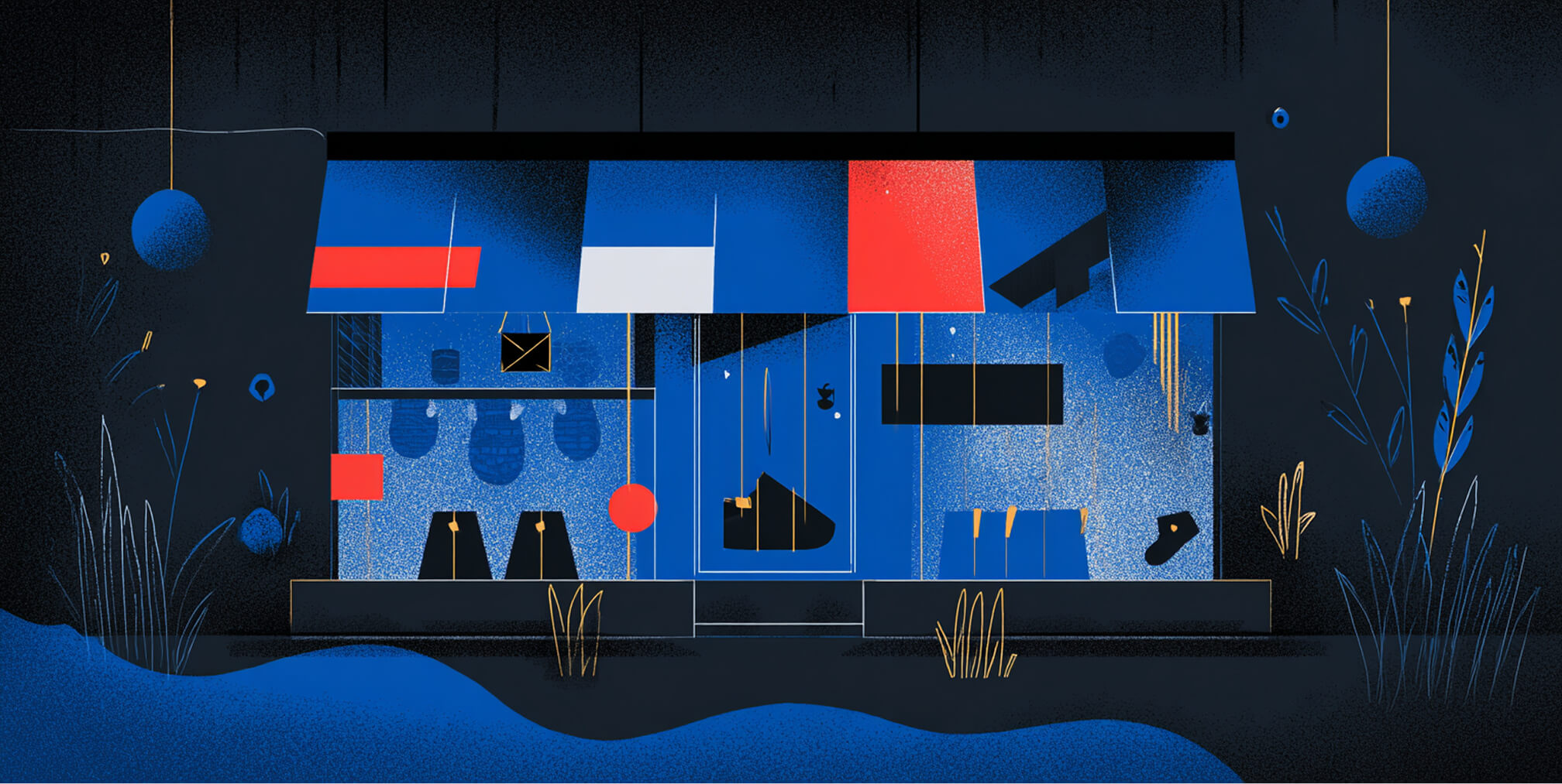 Abstract storefront with blue, red, and white awnings, representing digital presence and online business storefronts.