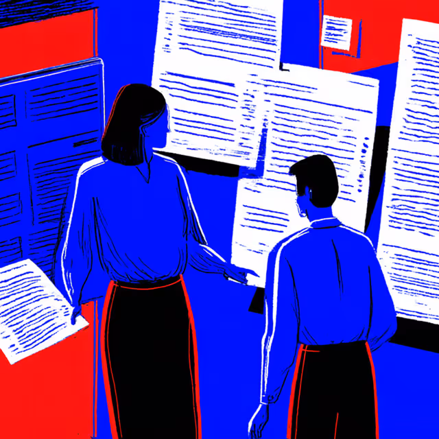 Two people standing and reviewing large floating documents, symbolizing project planning and proposal analysis.