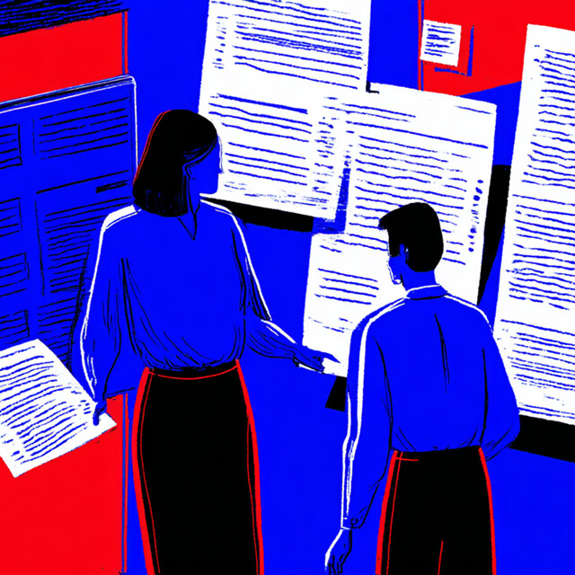 Two people standing and reviewing large floating documents, symbolizing project planning and proposal analysis.