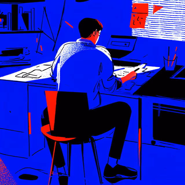 Person working alone at a desk with papers and a computer, symbolizing focused creative or design work.
