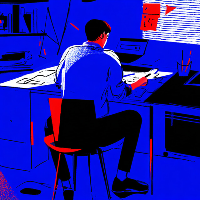 Person working alone at a desk with papers and a computer, symbolizing focused creative or design work.