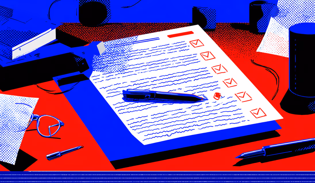 Close-up of a checklist on a red desk surrounded by pens and glasses, representing task organization and project tracking.