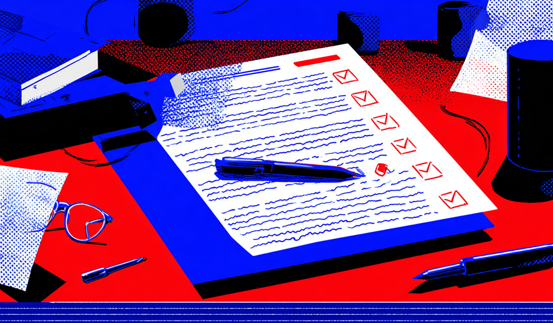Close-up of a checklist on a red desk surrounded by pens and glasses, representing task organization and project tracking.