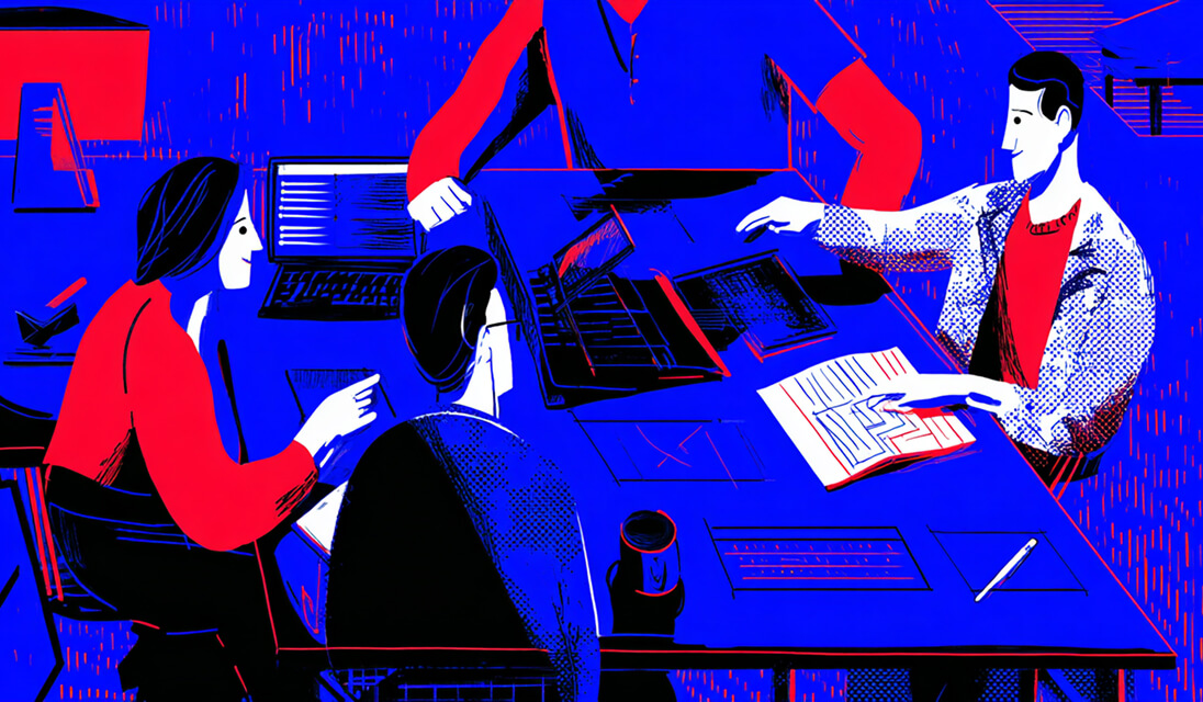 Group of professionals collaborating around laptops and notebooks, symbolizing teamwork and strategic discussion.