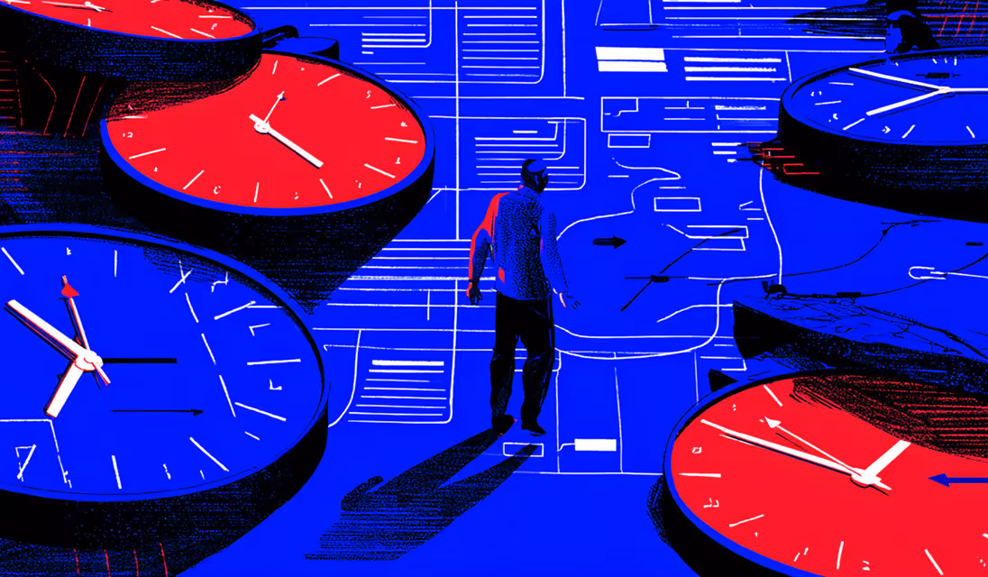 Person walking among oversized red and blue clocks, symbolizing deadlines, time tracking, and workflow pacing.