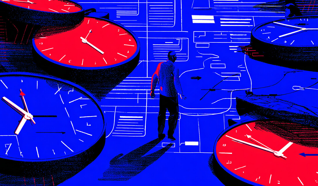 Person walking among oversized red and blue clocks, symbolizing deadlines, time tracking, and workflow pacing.