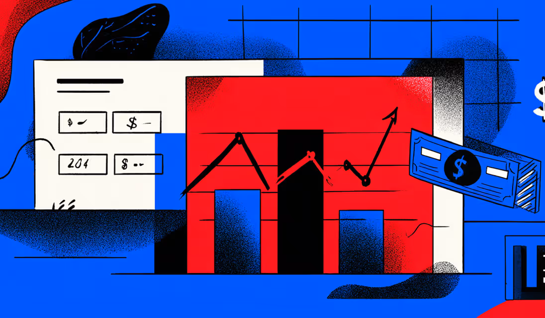 Abstract illustration of financial graphs, charts, and dollar icons in red and blue tones, symbolizing performance metrics and cost analysis.