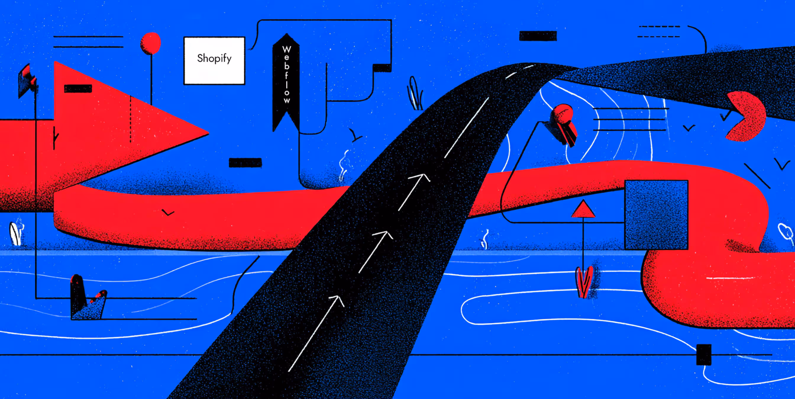 Abstract illustration of a road leading from a red “Shopify” area to a blue “Webflow” destination, symbolizing platform migration and progression.