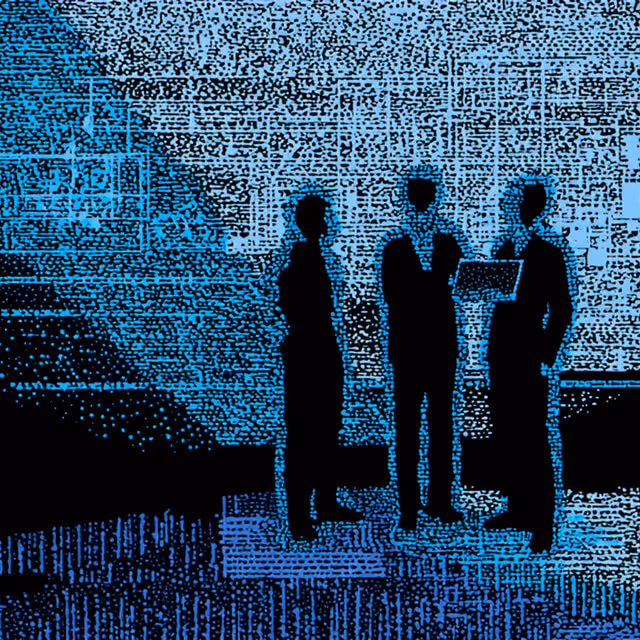 Stylized depiction of three silhouetted professionals standing in conversation against a background of blue pixelated data patterns, representing collaboration and digital strategy.