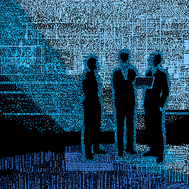 Stylized depiction of three silhouetted professionals standing in conversation against a background of blue pixelated data patterns, representing collaboration and digital strategy.