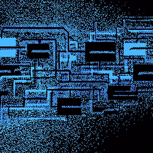Digital circuit-inspired design featuring interconnected rectangular nodes in blue tones, representing complex system integration.