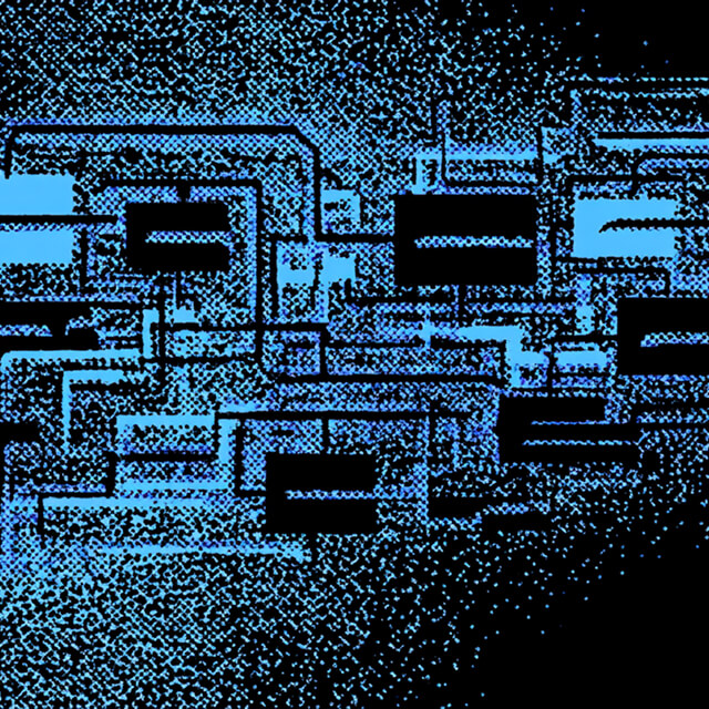 Digital circuit-inspired design featuring interconnected rectangular nodes in blue tones, representing complex system integration.