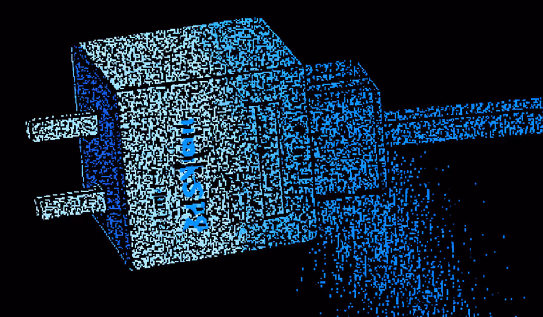 Abstract illustration of a glowing blue power plug dissolving into digital particles, symbolizing connection and energy transfer in technology.