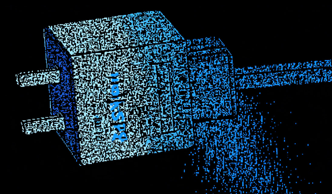 Abstract illustration of a glowing blue power plug dissolving into digital particles, symbolizing connection and energy transfer in technology.