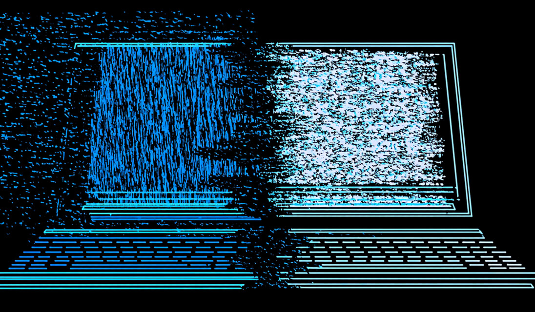 Stylized laptop illustration transitioning from static interference to clear digital lines, representing system transformation or data clarity.