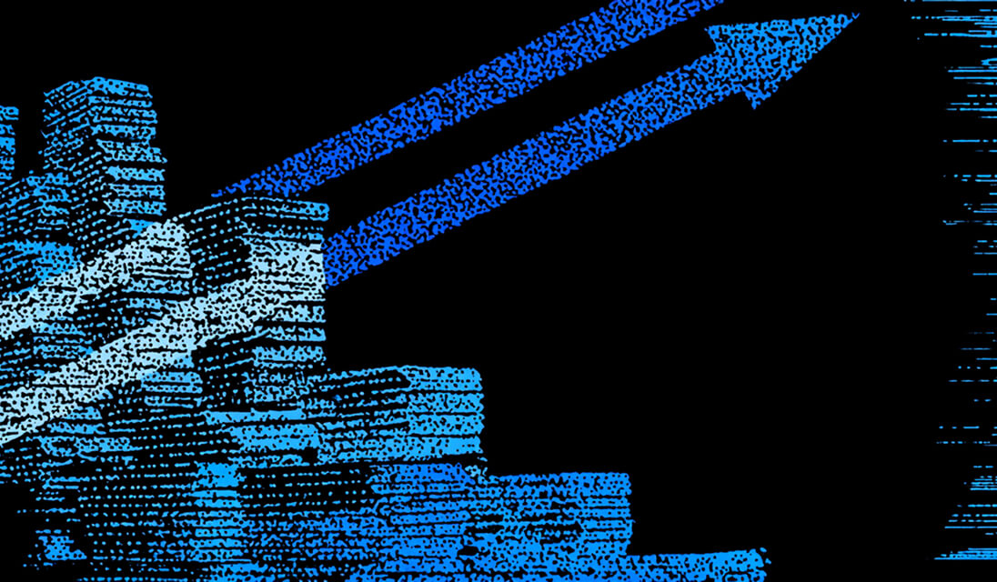 Abstract image of stacked digital blocks with two large arrows pointing upward, symbolizing business growth and scalability.