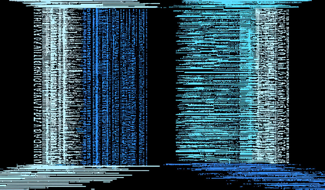 Illustration featuring columns of blue and white vertical code, symbolizing data processing or information flow.