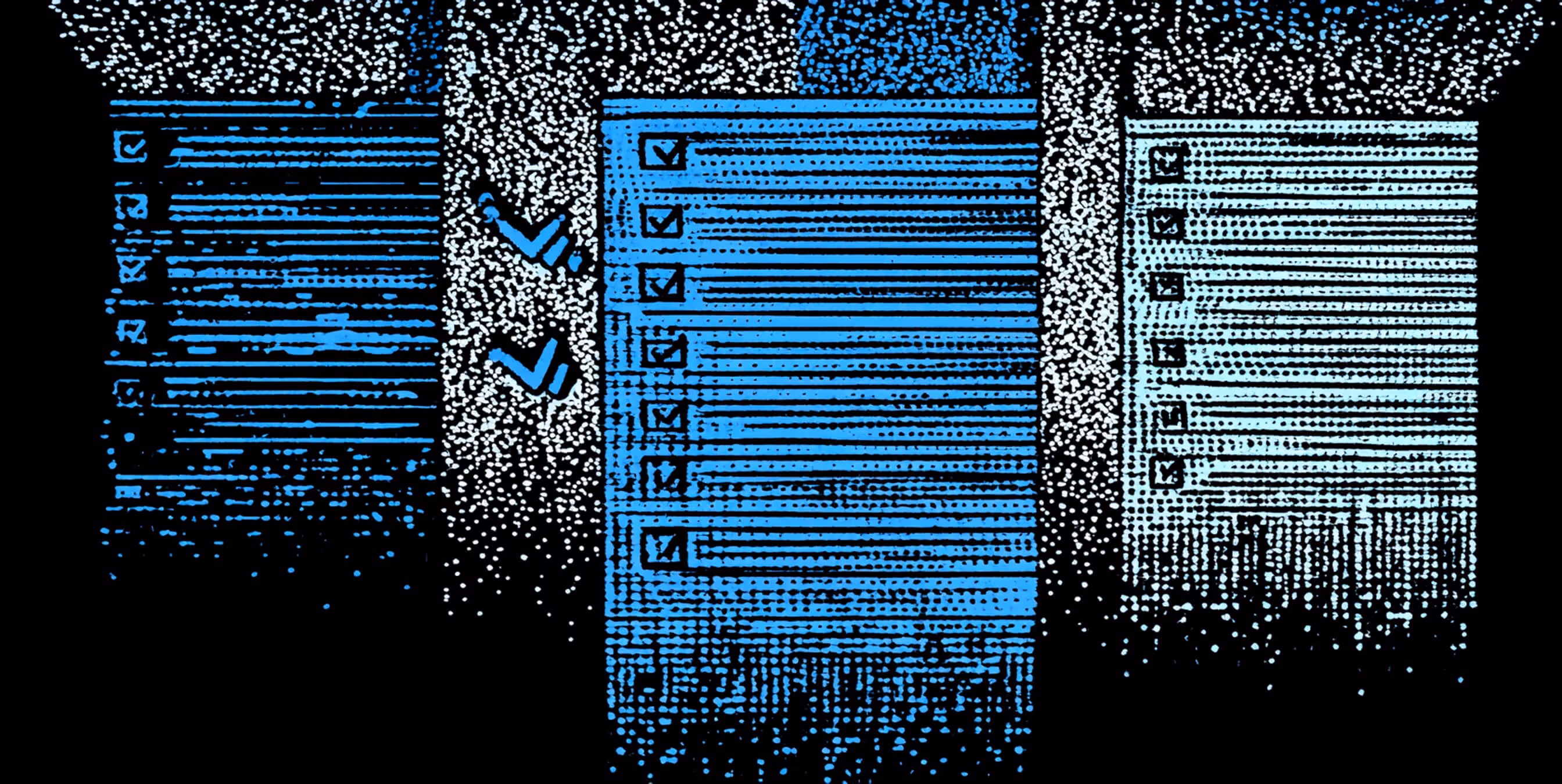 Stylized depiction of multiple checklists with marked boxes, representing organization, completion, and workflow tracking.
