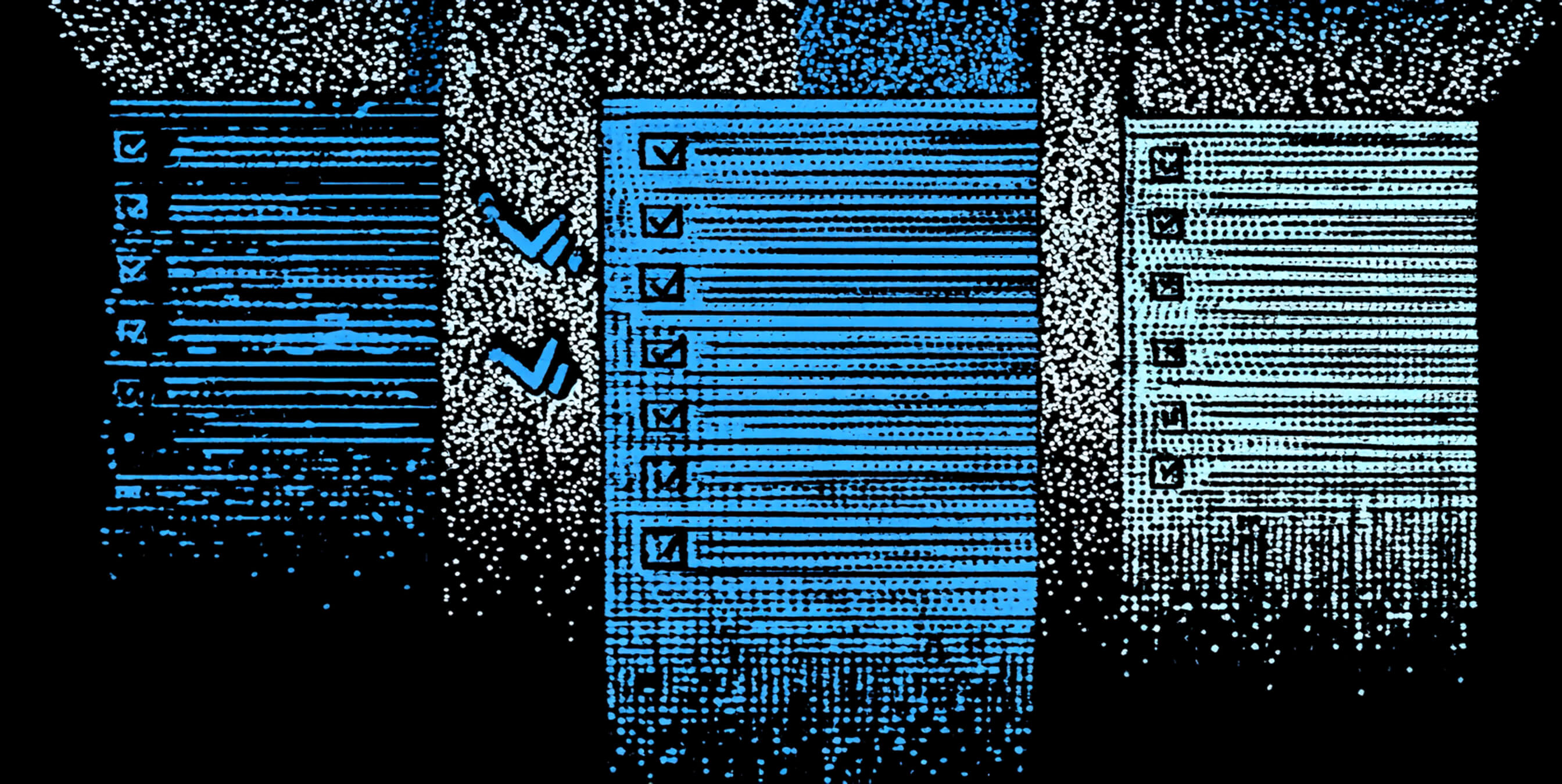 Stylized depiction of multiple checklists with marked boxes, representing organization, completion, and workflow tracking.