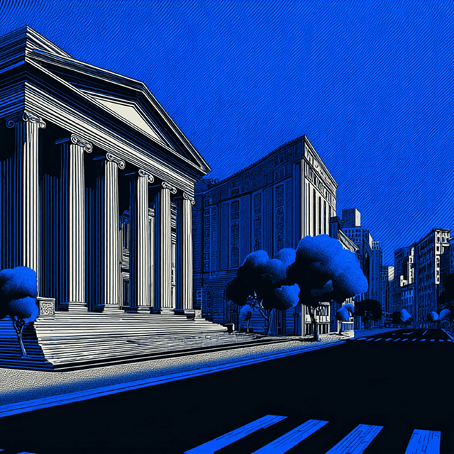 Illustration of a neoclassical courthouse building with columns, representing law, structure, and credibility.